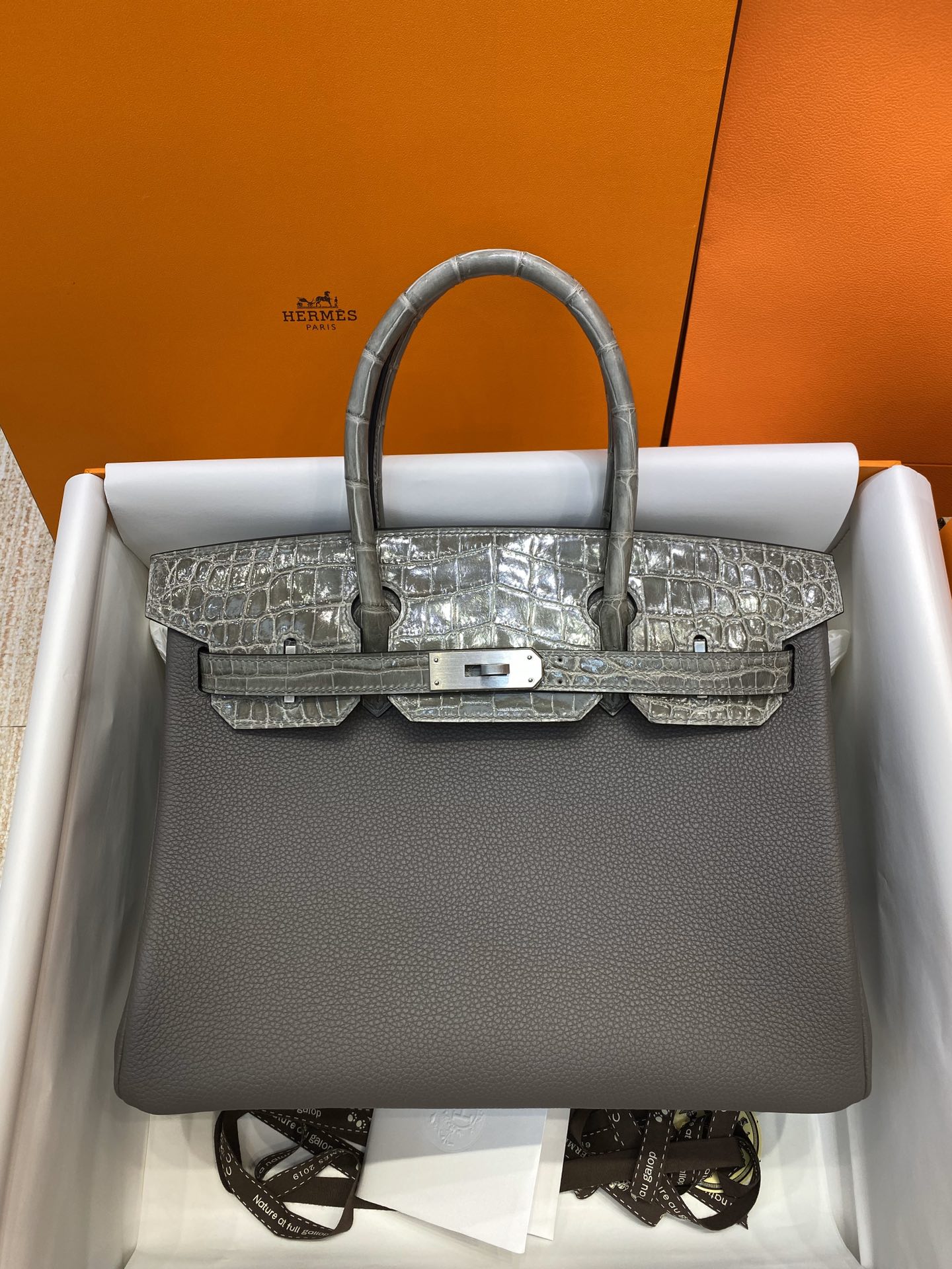 Hermes Touch Birkin 30CM Handbag In Dark Grey Clemence and Shiny Niloticus Crocodile Skin